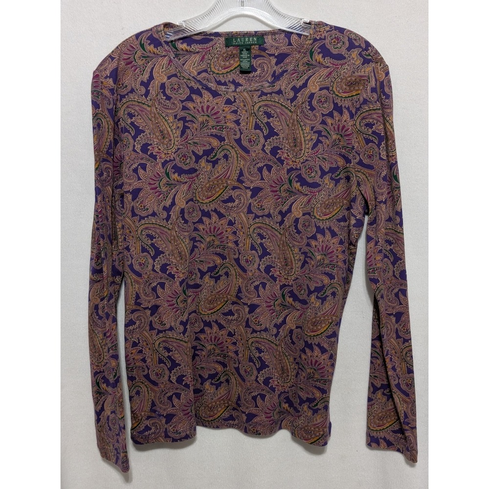 Lauren Ralph Lauren Womens Purple Paisley Cotton Long Sleeve Knit Top XL